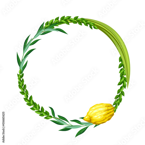 Happy Sukkot decorative frame. Holiday background with Jewish festival traditional symbols.