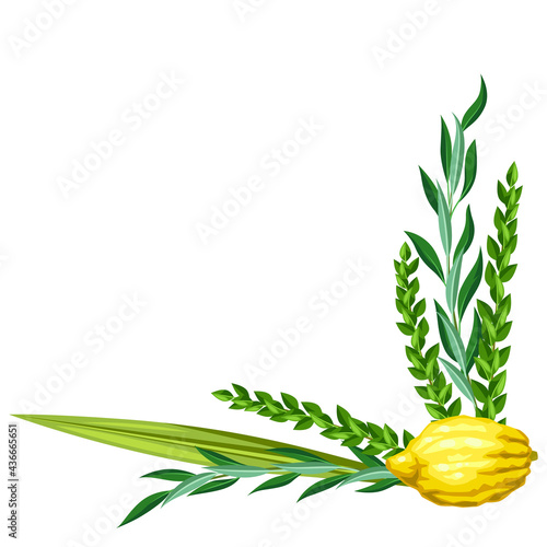Happy Sukkot decorative frame. Holiday background with Jewish festival traditional symbols.