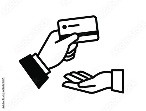 Outline hand and credit card icon. Investments and loans. To lend. The need for money. Vector. The image is isolated on a white background.