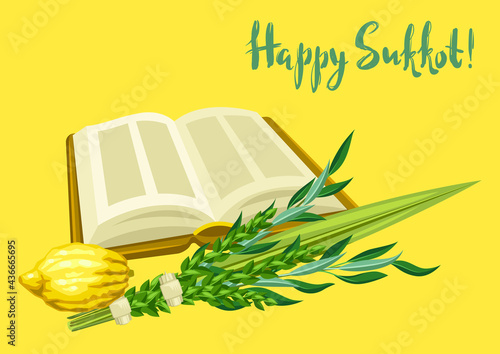 Happy Sukkot greeting card. Holiday background with Jewish festival traditional symbols.
