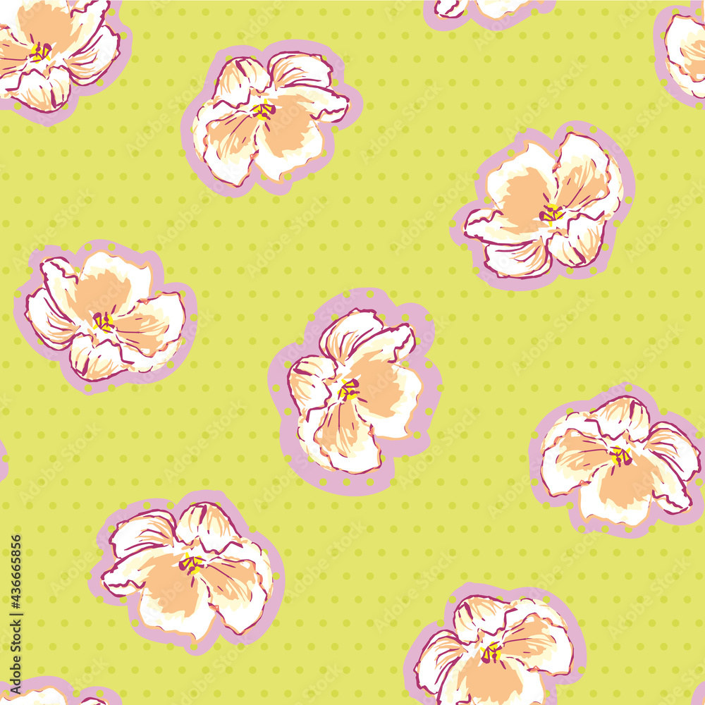 Vector Beautiful Summer Wild Roses in Pastel Orange on Lemon Lime Green Dots seamless pattern background. Perfect for fabric, wallpaper and scrapbooking projects. Vector Beautiful Summer Wild Roses in Pastel Orange on Lemon Lime Green Dots seamless pattern background. Perfect for fabric, wallpaper and scrapbooking projects.