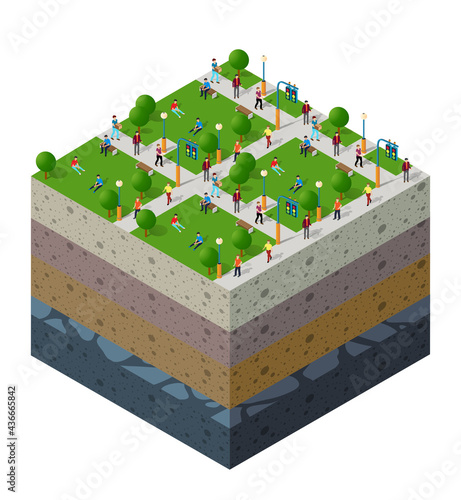 City park with people urban landscape Soil layers geological and underground