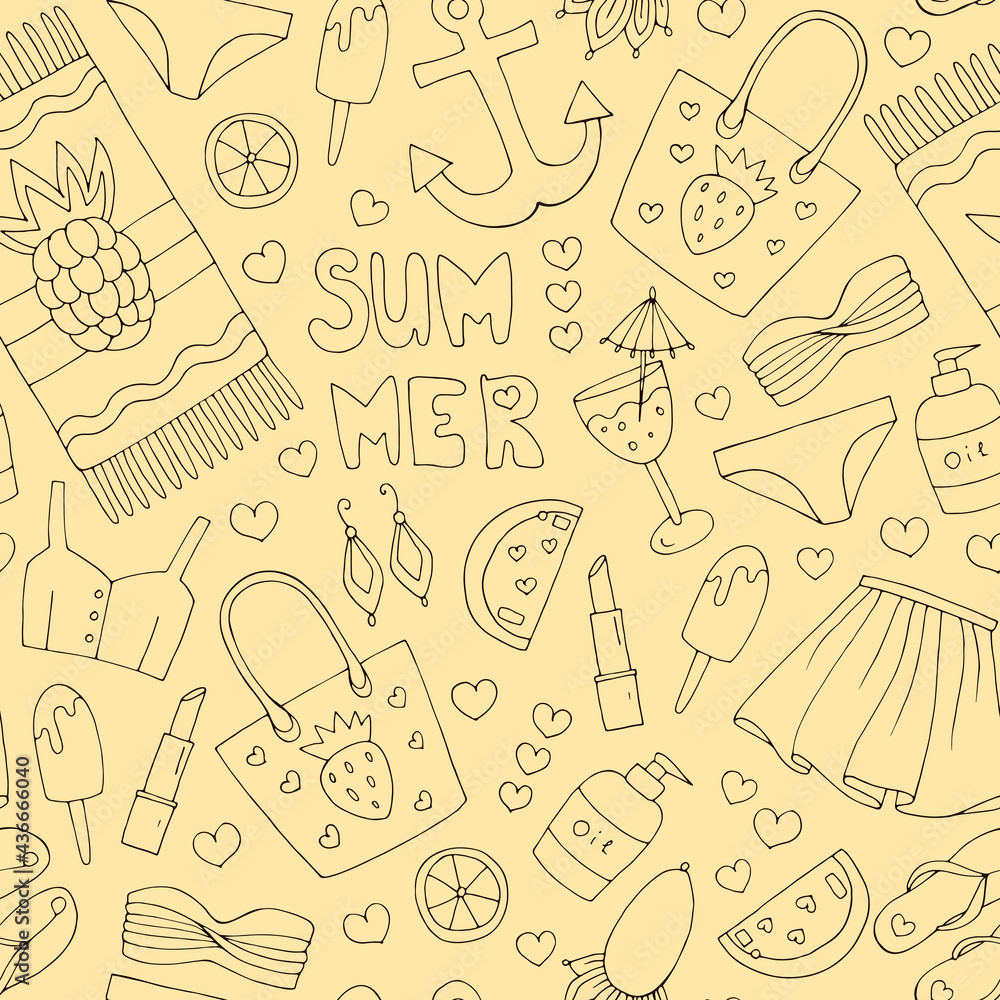 JPEG seamless pattern brown lines cute icons. Signs summer fashion beachwear and accessories. Collection Summer fresh elements summer holiday party. Set collection for design print t-shirt, fabric JPEG seamless pattern brown lines cute icons. Signs summer fashion beachwear and accessories. Collection Summer fresh elements summer holiday party. Set collection for design print t-shirt, fabric