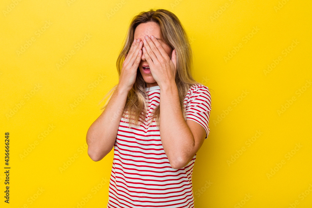 Young australian woman isolated afraid covering eyes with hands. Young australian woman isolated afraid covering eyes with hands.