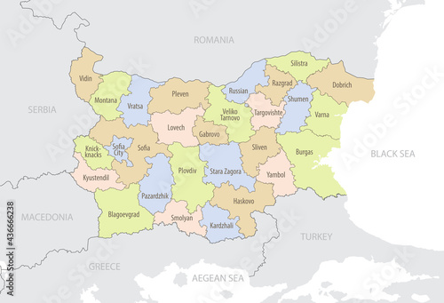 Detailed location map of Bulgaria in Europe with administrative divisions of the country, vector illustration