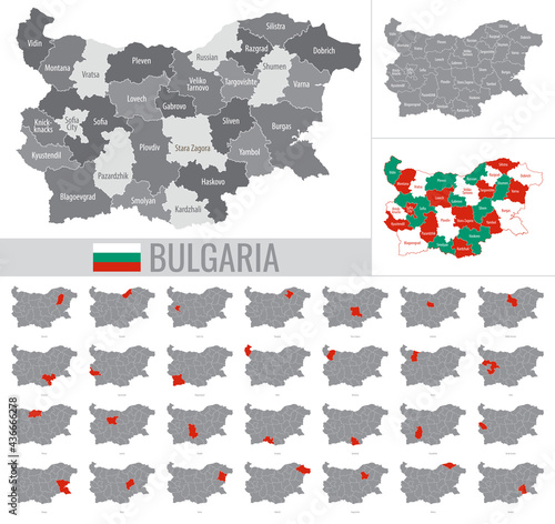 Detailed vector map of regions of Bulgaria with flag