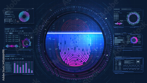 Futuristic technology UI screen. HUD, FUI, GUI. Fingerprint scanning. Digital authentication, checked identity verification thumbprint, biometric reader technology. Recognition indicators. Vector