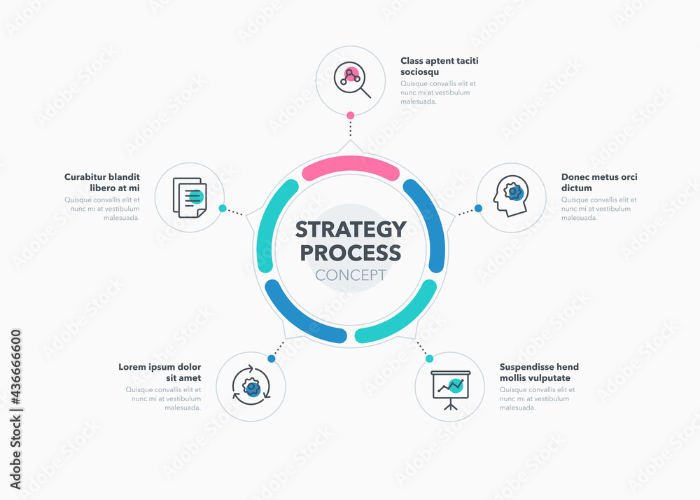 Simple concept for strategy process diagram with five steps and place for your description. Flat infographic design template for website or presentation. Simple concept for strategy process diagram with five steps and place for your description. Flat infographic design template for website or presentation.