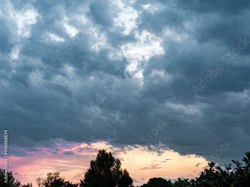 Texture of a blue sky with gray and dark clouds 