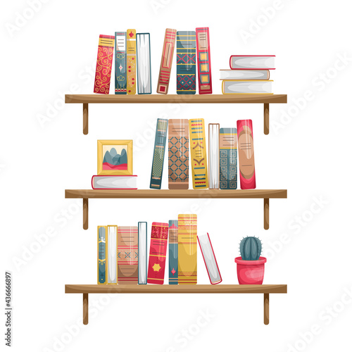 Wall-mounted bookshelves with books. Book spines in retro style.