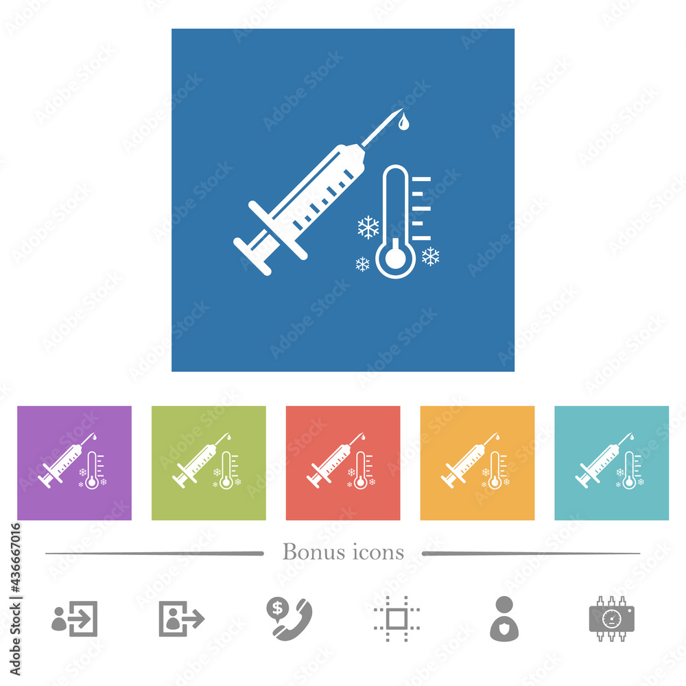 Vaccine storage temperature frosty flat white icons in square backgrounds Vaccine storage temperature frosty flat white icons in square backgrounds