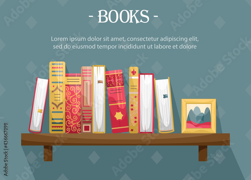 Books with retro-style covers on a wall bookshelf with a picture frame.