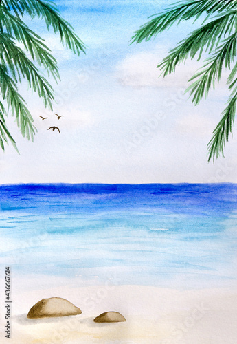 Fototapeta Naklejka Na Ścianę i Meble -  Blue sea with birds in sky, beach with stones and palm leaves. Art illustration watercolor painting