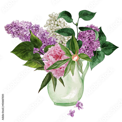 Watercolor lilac flowers and leaves.