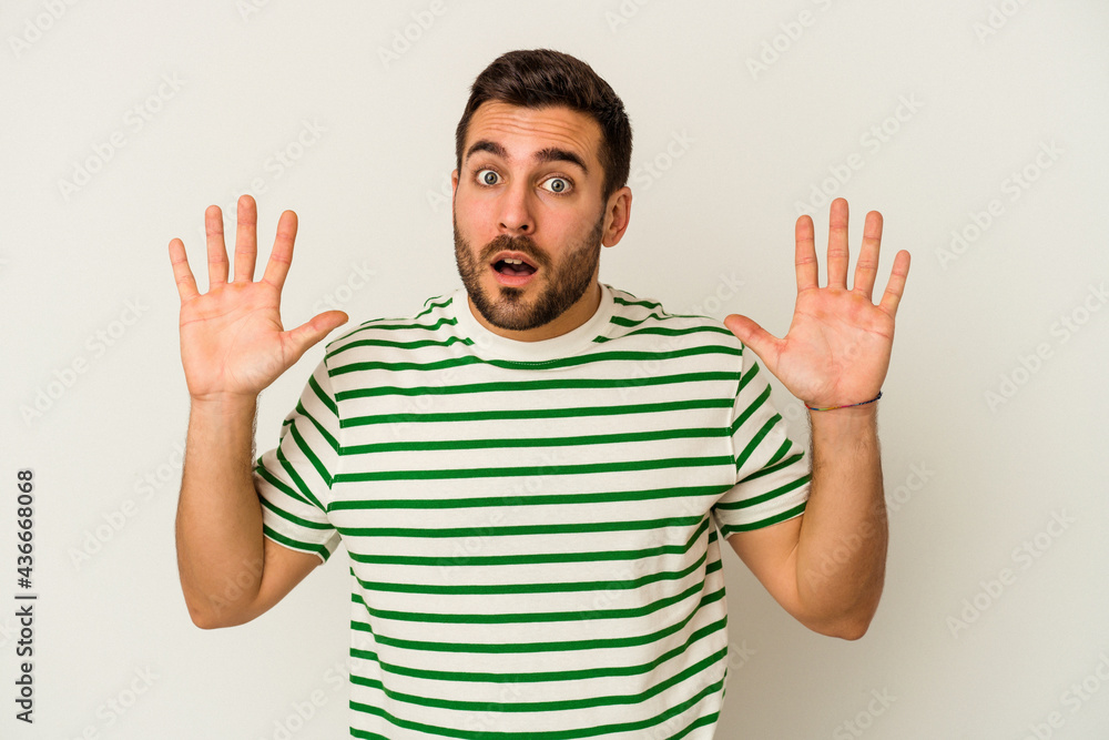 Young caucasian man isolated on white background screaming to the sky, looking up, frustrated. Young caucasian man isolated on white background screaming to the sky, looking up, frustrated.