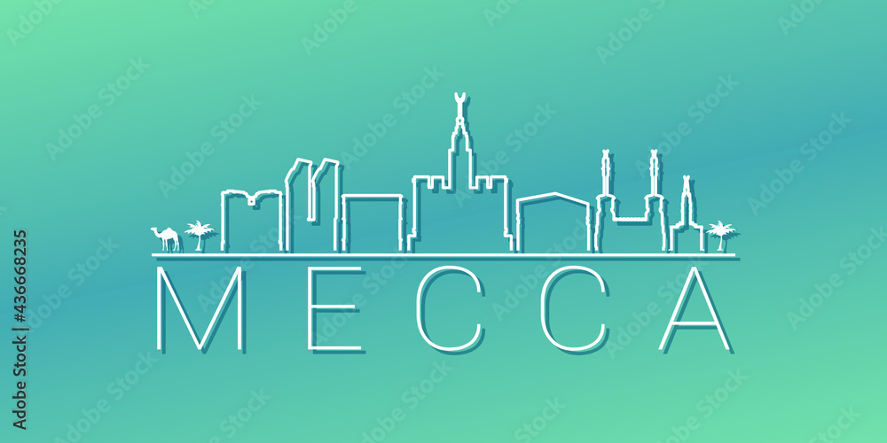 Mecca Saudi Arabia Skyline Linear Design. Flat City Illustration Minimal Clip Art. Background Gradient Travel Vector Icon.