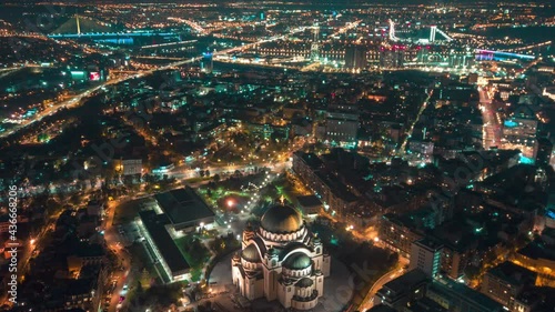Drone night time lapse of St. Sava temple and rest of Belgrade photo
