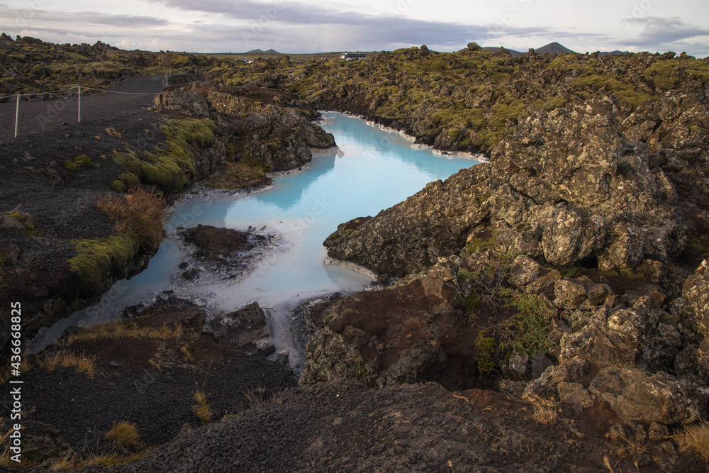 Views of moss covered lava fields and milky blue waters near the Blue Lagoon, Iceland Views of moss covered lava fields and milky blue waters near the Blue Lagoon, Iceland