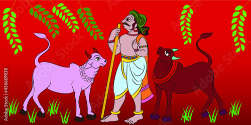 KALAMKARI Indian traditional folk art on linen fabrics. farmer   grazing his cattle, for textile printing  