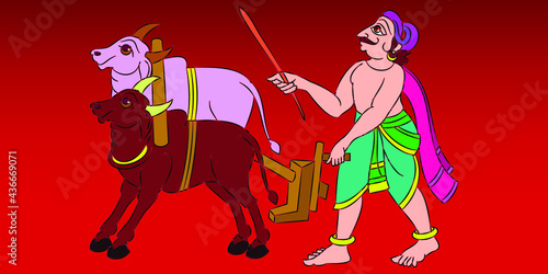 KALAMKARI Indian traditional folk art on linen fabrics. farmer  Ploughing on the farm, for textile printing 