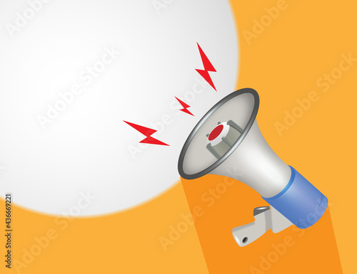 Vector realistic 3d simple megaphone with speech bubble on orange background. Design template, banner, network. Speaker sign. Announcement, attention concept