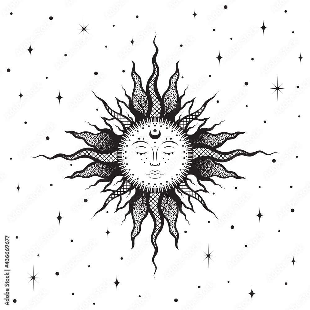 Mystical illustration. Sketch tattoo sun with a sleeping face and stars Mystical illustration. Sketch tattoo sun with a sleeping face and stars