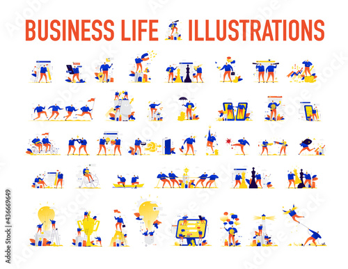 Illustrations of businessmen in different situations. People achieve their goals and make a career. Search for ideas. Solving tasks and problems. All images are isolated on a white background.