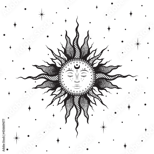 Mystical illustration. Sketch tattoo sun with a sleeping face and stars