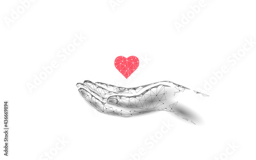 Fundraising giving heart symbol money hand. Charity volunteer giving donate social project. Finance funding dark low poly vector illustration photo