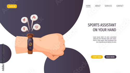 Fitness watches on the left wrist. Healthy lifestyle, motivation, sport equipment, fitness, training, sports gadget concept. Vector illustration for poster, banner, website, advertising.