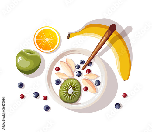 Yogurt with fruits and berries, apple, orange, banana. Healthy eating, nutrition, diet, cooking, breakfast menu, fresh food concept. Isolated vector illustration for banner, card, poster.