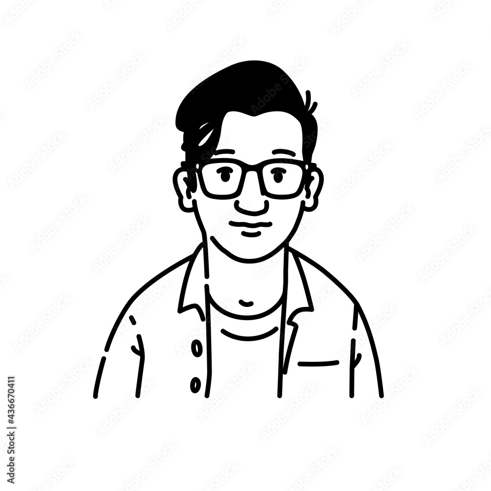 Avatar of a young man with glasses. Nerd or geek, brand character for the logo. Fashionable modern style. The image is isolated on a white background.