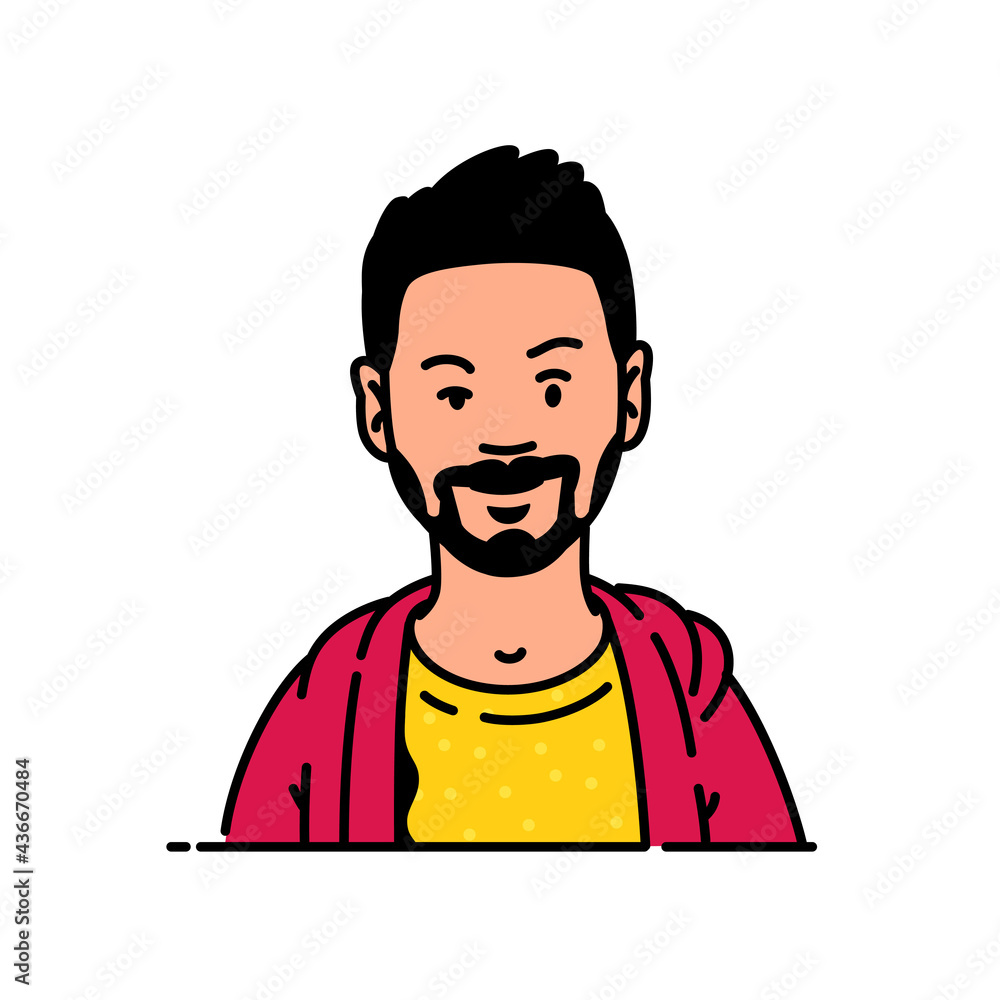 Young man avatar in minimal style. A hipster with a beard, the signature character for the logo. Fashionable modern style. The image is isolated on a white background.