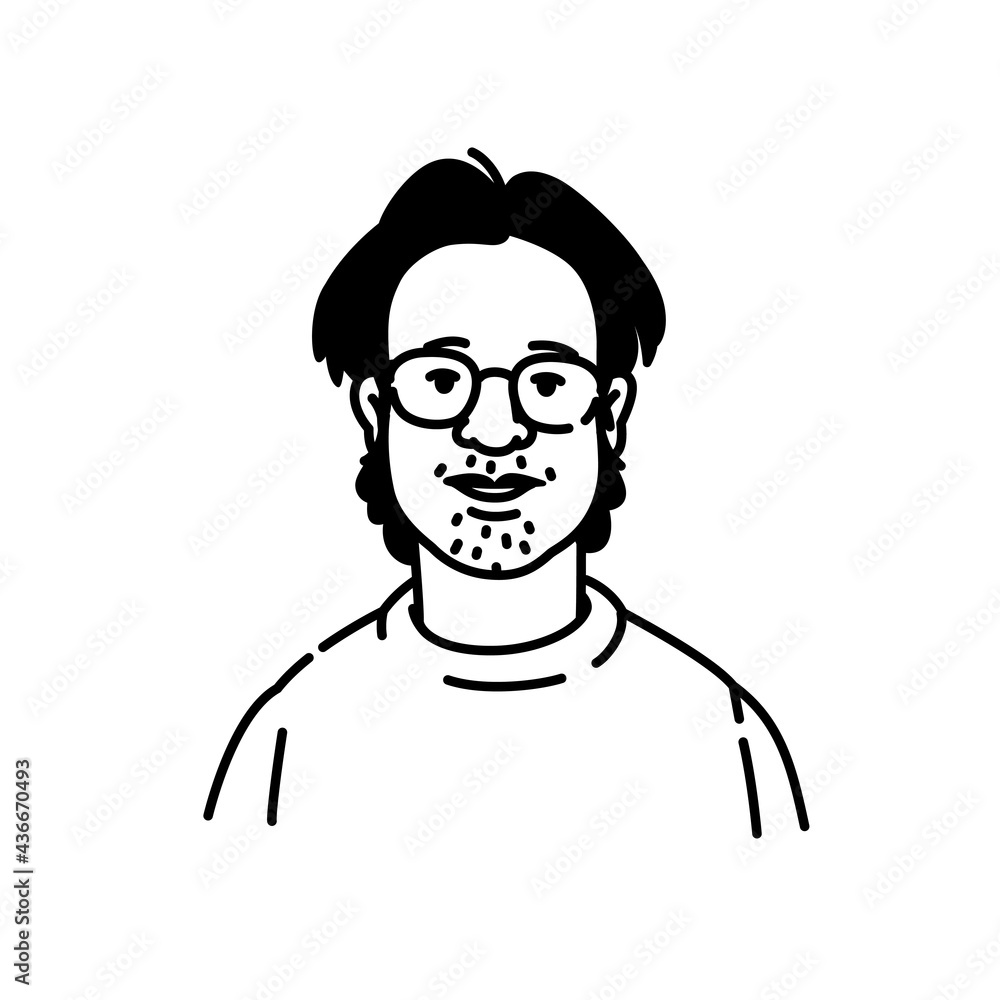 Avatar of a young man with glasses. Nerd or geek, brand character for the logo. Fashionable modern style. The image is isolated on a white background. Avatar of a young man with glasses. Nerd or geek, brand character for the logo. Fashionable modern style. The image is isolated on a white background.