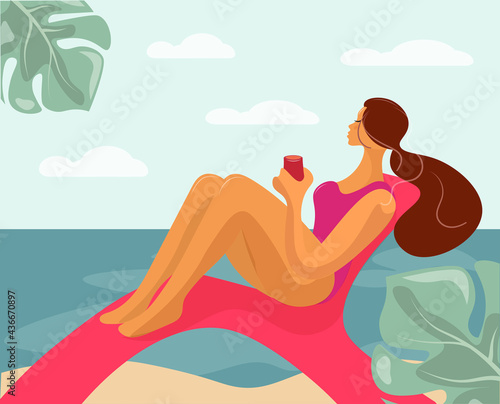 A young girl on the seashore in a sun lounger drinks wine or juice. Summer, vacation at sea. Colorful banner to attract vacationers, advertising. Vector illustration. Cartoon. Flat.