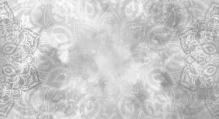 Foto auf Leinwand Mandala Elegant textured silver mandala background - ornate, watercolour, grey and white - wedding  © StudioN