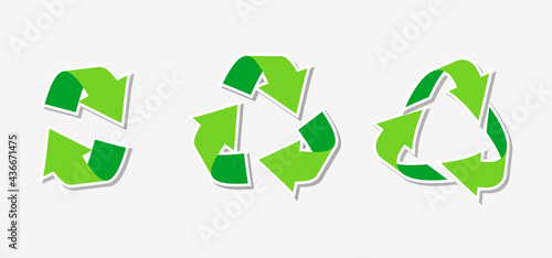 Paper sticker eco friendly green triangular recycling symbol. Rotate circle arrow icon. Rotation, infographics element for website, app. Logo for using recycled resources. Isolated vector illustration