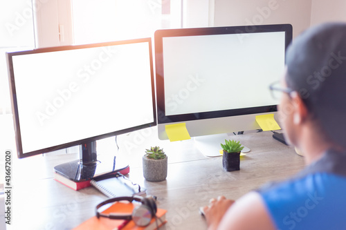 Authentic person using computer at home, work from home concept