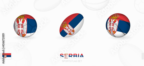 Sports icons for football, rugby and basketball with the flag of Serbia.