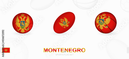 Sports icons for football, rugby and basketball with the flag of Montenegro.