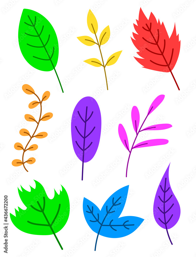 Flat vector illustration of cute cartoon set of colorful leaves. Autumn leaves. Tropical leaves. Flat vector illustration of cute cartoon set of colorful leaves. Autumn leaves. Tropical leaves.