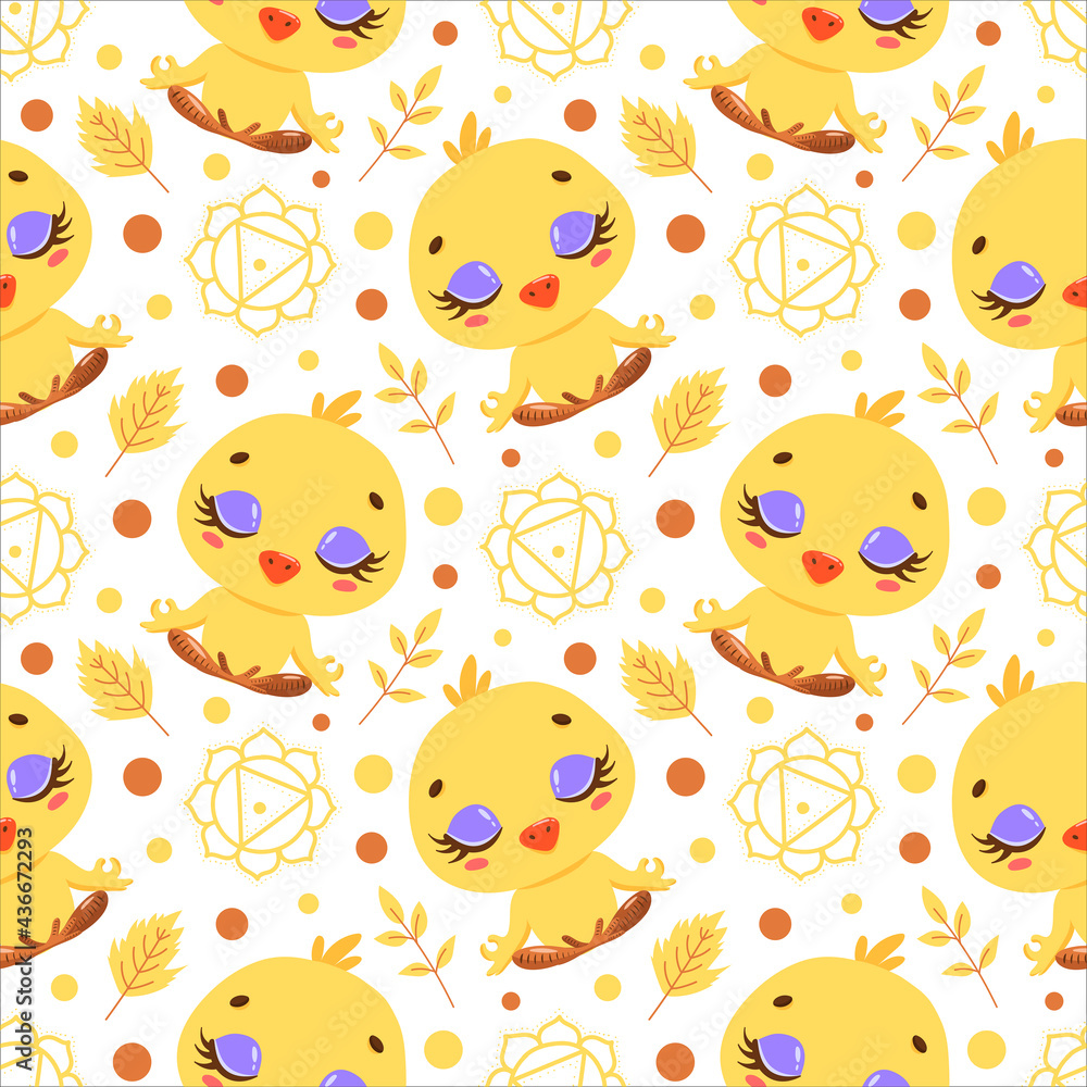 Fototapeta premium Cute cartoon farm animals meditation seamless pattern. Yoga animals pattern. Chicken meditates pattern.