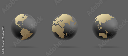 Set of Earth globe icons, 3d stylized illustration of sphere in black and gold colors