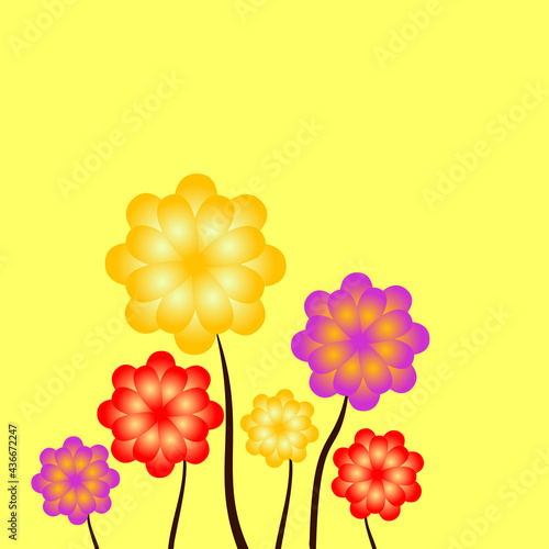 Spring stylized flowers on yellow background. Beautiful abstract design template. Summer time illustration. Jpeg