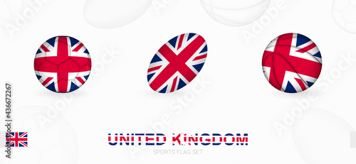 Sports icons for football, rugby and basketball with the flag of United Kingdom.