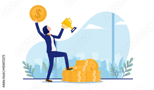 Female success in business - Businesswoman holding trophy cup and money while standing on coins. Successful women and celebrating triumph concept. Vector illustration with white background.