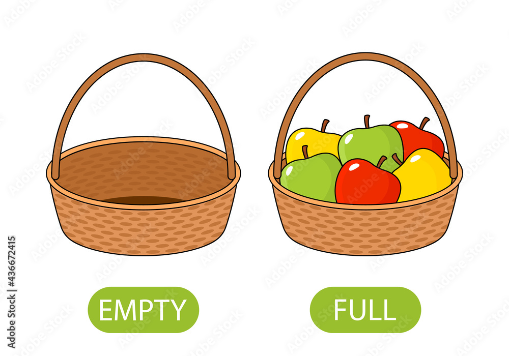 empty and full basket of apples. concept of children learning opposite adjectives. Stock Vector