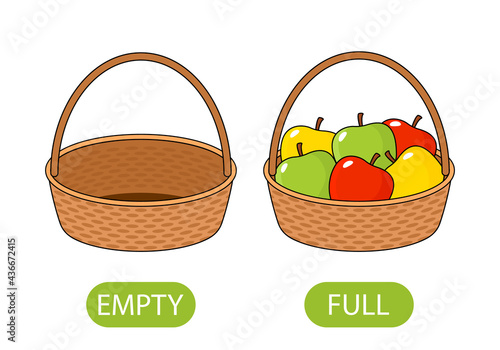 empty and full basket of apples. concept of children learning opposite adjectives.