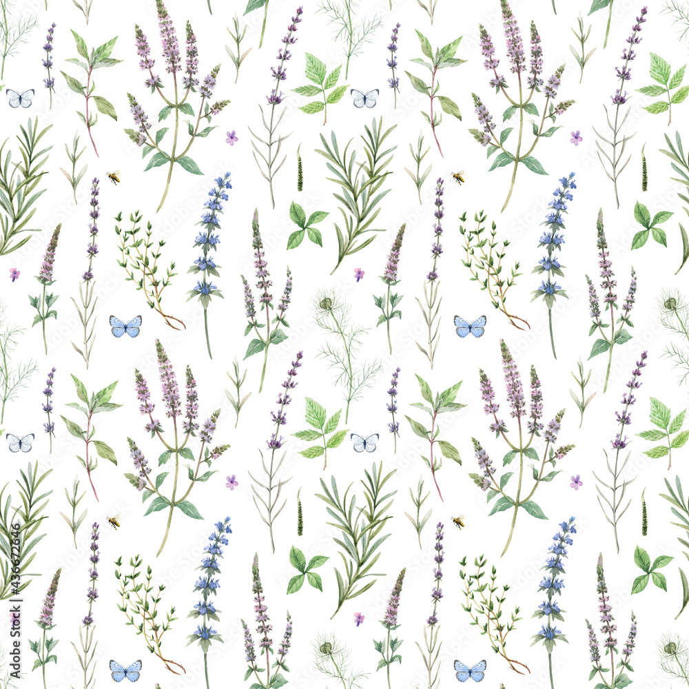 Beautiful floral seamless pattern with hand drawn watercolor spearmint flowers. Stock illustration.
