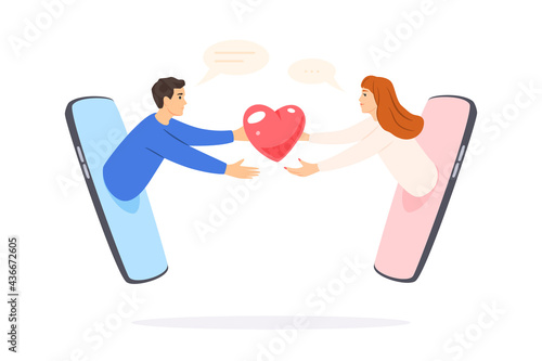 Online dating, internet relations in social networks. Man and woman on the phone, love at a distance. Search for a partner in online dating services. Vector illustration isolated